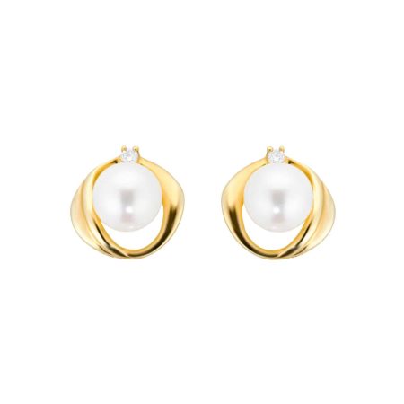 9ct Yellow Gold Fluid Pearl 0.04ct Stud Earrings